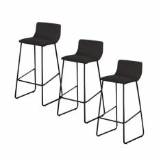 Conjunto 3 Banquetas Dubai em Couro Preto e Base Preta - C&M Decor