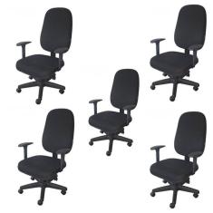 Kit 5 Unidades Cadeira Escritório Secretária Giratória com Braço Regulável em Couro Preto