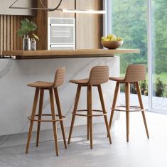 Kit 3 Banquetas Altas Luxo Versatil Aço Cobre Linho Terracota Base Carvalho