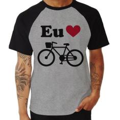 Camiseta Raglan Eu Amo Bicicleta - Foca na Moda, Cinza, Preto, M