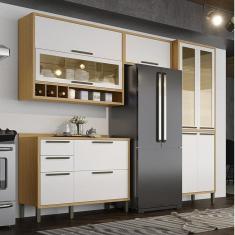 Cozinha Modulada Compacta com 4 Peças 9 Portas e Vidro Reflecta 100% Mdf Vicenza Espresso Móveis Amêndoa/Off White