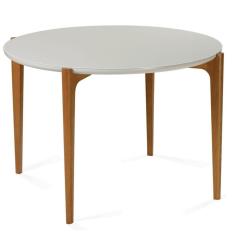 Mesa de Jantar Madrid Univ Redonda 110 cm Tampo Madeira Vidro Colado Off White Base Madeira Amêndoa