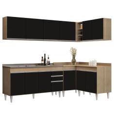 Armário De Cozinha Modulado De Canto 6 Peças Cp33 Com Pia Inox Castanho/preto - Lumil