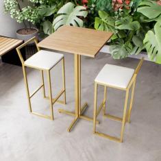 Jogo Mesa Alta Bistrô Quadrada Pinus 2 Banquetas Estofado Confort Indu