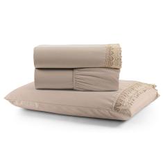 Jogo de Lençol Rubi Solteiro 3 Pçs 100% Algodão 200 Fios Ponto Palito Bordado - Avelã