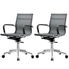 Kit 2 Cadeiras Giratória Office Sydney Diretor Fratini Tela Preta Base Aço Cromado