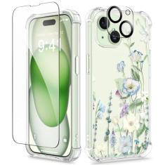 GVIEWIN Capa para iPhone 15 Plus, [3 em 1] com protetor de tela e protetor de lente de câmera, capa de telefone floral transparente macia à prova de choque slim fit para mulheres meninas 2023 6,7