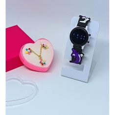 Kit Relógo Infantil Digital Led Redondo Pulseira silicone Desenho animado 3D + Conjunto colar e Brincos Crianças Meninas