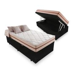 Cama Box Baú Solteiro Tecido Sintético Preto com Colchão Pillow Angel 