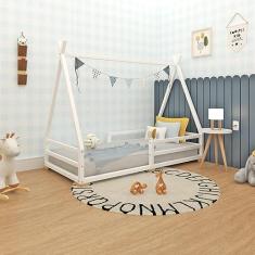 Cama Infantil Montessoriana Cabana com Proteção em Barra e Pés Branco