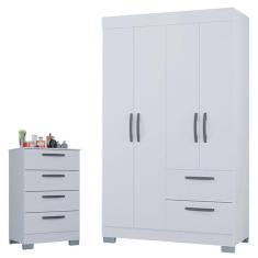 Cômoda 867 4 Gavetas e Guarda Roupa Solteiro Tóquio 4 Portas Branco Brilho - Poquema