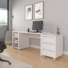 Mesa de Escritório 120cm com Gaveteiro com Rodízio e Prateleiras Ficus Cabecasa Madeiramadeira Branco