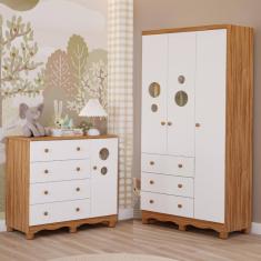 Quarto de Bebê Completo com Guarda Roupa 3 Portas Cômoda Bolinha 4 Gavetas Móveis Peroba 100% MDF