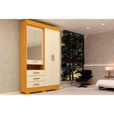 Guarda Roupa Solteiro 4 Portas (2 c/ Espelho) e 3 Gavetas Débora Nature/Off White - ACP