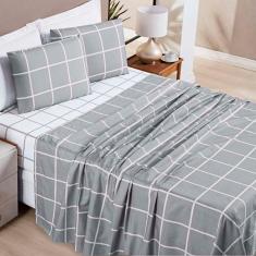 Jogo De Lençol Minimalista King 4 Peças Percal 200 Fios Quadriculado - Cinza - 100% Poliéster
