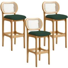 Kit 03 Banquetas Altas Para Cozinha Bancada Sala Tela Betta Fixa L02 Suede Verde Musgo - Lyam