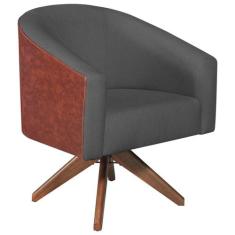 Poltrona Luiza Base Giratória de Madeira Corano Nozes e Linho Chumbo -