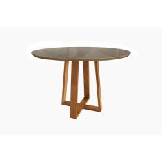 Mesa p/ Cozinha Elma Madeira Maciça c/ Tampo Madeirado c/ Vidro 120x120cm Carvalho/Bronze - Kappesberg