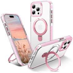 UMIONE Capa magnética para iPhone 15 Pro com suporte e anel de dedo, compatível com magsafe, placa rígida transparente à prova de choque, capa inteira, universal para meninos e meninas 6.1 - rosa