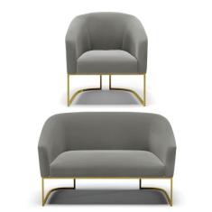 Sofá Namoradeira e Poltrona Industrial Dourado Stella Suede Grafite D0