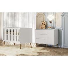 Quarto Bebe Retrô 100% MDF- Lunna Berço + Gaveteiro - Branco
