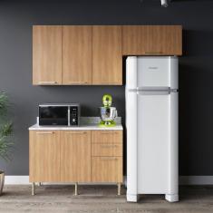 Cozinha Compacta Dália 200cm 3 Peças, 6 Portas e 3 Gavetas com Divisor de Talheres e Tampo Cz1102 Freijó/Branco