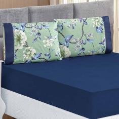 Jogo De Lençol Real King 3 Peças Micropercal 200 Fios Ponto Palito Estampado - Azul Flower