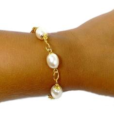 Pulseira Pérola Com Elo Português Folheado a Ouro 18k
