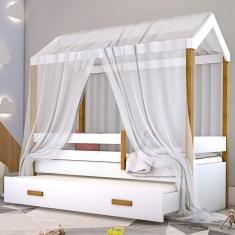 Cama Montessori Cabana Com Auxiliar Colchão E Dossel Branco