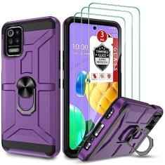 GAMEMIUZ Capa para LG K52/LG Q52/LG K42, LG K62 / K62 Plus com [protetor de tela de vidro temperado 3x], suporte de anel integrado e capa protetora magnética à prova de choque à prova de quedas - roxo