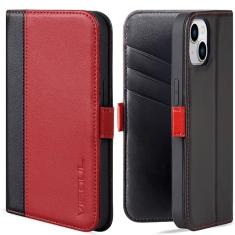 VISOUL Capa de couro para iPhone 15, capa carteira de couro genuíno para iPhone 15 com compartimento para cartões, fecho magnético, capa de telefone flip compatível com iPhone 15 (6,1 polegadas)