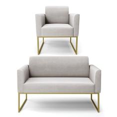 Sofá Namoradeira Com Poltrona Base Industrial Dourado Marisa Veludo D03 - D\`rossi Cor Cinza