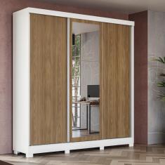 Guarda Roupa Casal Kappesberg 3 Portas Reversíveis de Correr 3 Espelhos 2 Gavetas Branco/Nogueira