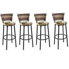 Kit 4 Banquetas Altas Preta com Encosto Junco Capuccino Assento Floral Marrom