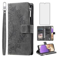 Asuwish Capa de telefone para Samsung Galaxy A32 5G 2021 6,5 polegadas capa carteira com protetor de tela de vidro temperado mandala flor flip zíper titular cartão celular M32 G5 A 32 32A S32 SM-A326U