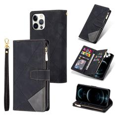 UEEBAI Capa carteira para iPhone 12 Pro Max de 6,7 polegadas, capa flip vintage de couro PU premium com compartimentos para cartões, fecho magnético, bolso com zíper, bolsa de mão com alça de mão -