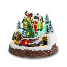 Casas de aldeia de Natal, vilarejo de casa de Natal de poliresina com trem em movimento e luzes coloridas de LED quentes e 8 músicas, operado por bateria, decoração de Natal interna, presente para