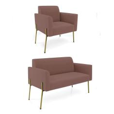 Sofá Namoradeira E Poltrona Pé De Ferro Dourado Salão Marisa Veludo Rosê D03