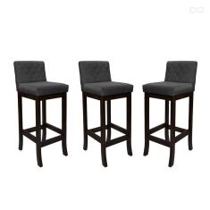 Kit 3 Banquetas Média com Encosto Matelassê Tóquio Madeira Maciça Suede Cinza CCS