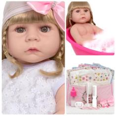 Boneca Reborn Loira Linda Vestido Branco Bolsa Vários Itens - Cegonha 