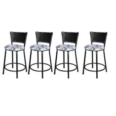 Jogo 4 Banqueta Baixa Para Cozinha Ratan Preta Estofado Floral - Lamar