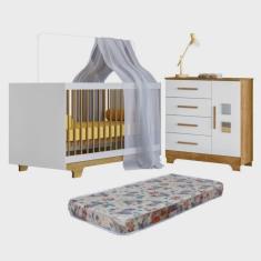 Quarto de Bebê com Berço Mini Cama com Colchão Flocos e Cômoda 4 Gavetas 1 Porta Fly 100% Mdf