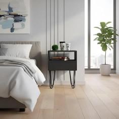 Mesa de Cabeceira Lateral Nicho com Gaveteiro Pés Hairpin Legs Estilo Industrial Preto Laca