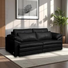 Sofá Retrátil 3 Lugares Bipartido Sala de Estar Piece 215cm Couro Preto G58 - Gran Belo