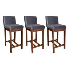 Kit 3 Banquetas Média Estofadas Lisboa 90 Cm Madeira Maciça Suede Cinz