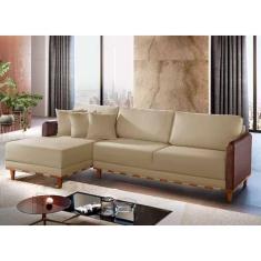 Sofá Fixo Com Chaise Vegas Detalhe Em Couro Luxo Bege