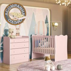 Quarto de Bebê Doce Sonho com Cômoda 2523 e Berço Simples 1 Qmovi Rosa Acetinado + Colchão Gazin