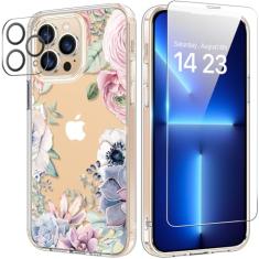 bicol Capa para iPhone 13 Pro Max com protetor de tela e lente de câmera - Design floral de flores elegantes para mulheres e meninas - Capa de telefone transparente de acrílico à prova de choque de