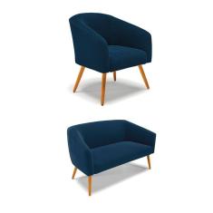 Sofá Namoradeira E Poltrona Pé Palito Castanho Stella Bouclê Azul D03 - D`rossi