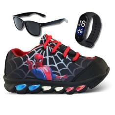 tenis de led infantil masculino homem aranha com luzinha meninos mais relogio e oculos-Masculino
